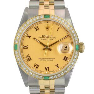 ROLEX DATEJUST CHAMPAGNE INDEX DIAL DIAMOND EMERALD JUBILEE TWOTONE WATCH 16233